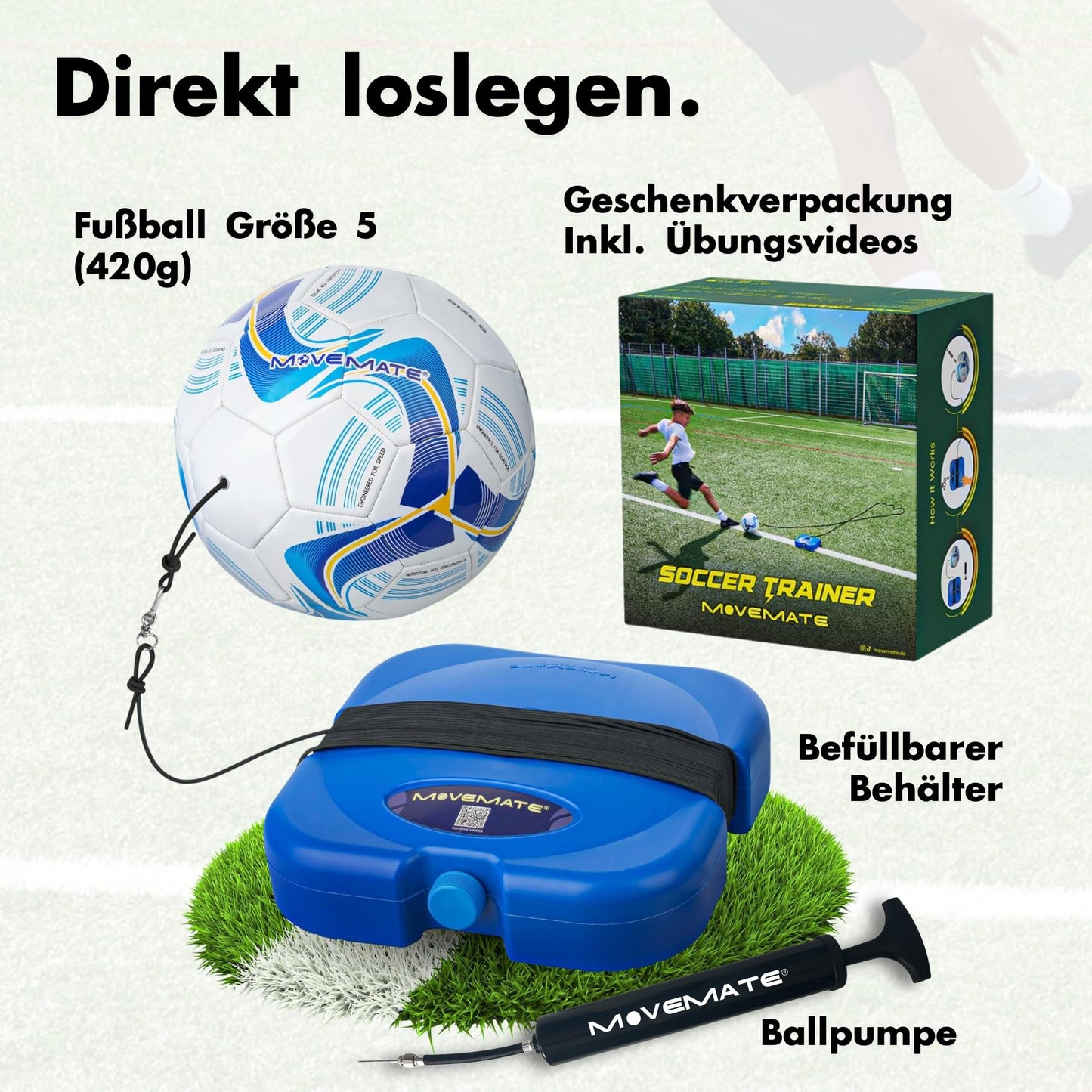 MOVEMATE® Soccer Training Set incl. Soccer Ball with String | Popular soccer gift for boys | Innovative outdoor training device for the garden, on the soccer field (For adults (420g ball)