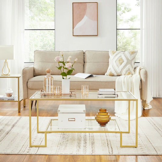 VASAGLE coffee table, glass table, living room table, 2 shelves made of tempered glass, steel frame, 55 x 100 x 45 cm, decoration, for living room, gold-colored LGT033A01