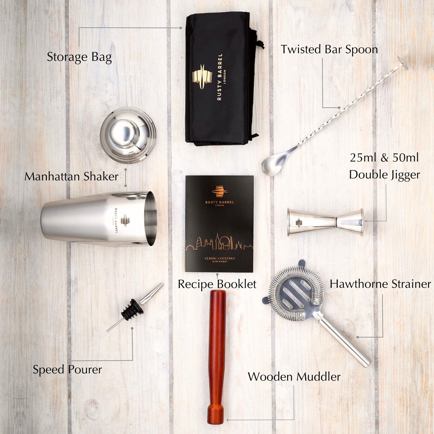 Rusty Barrel Mayfair Cocktail Set - Stainless Steel Cocktail Shaker Set with Bar Accessories | Professional Cocktail Mixing Set in Luxurious Gift Box