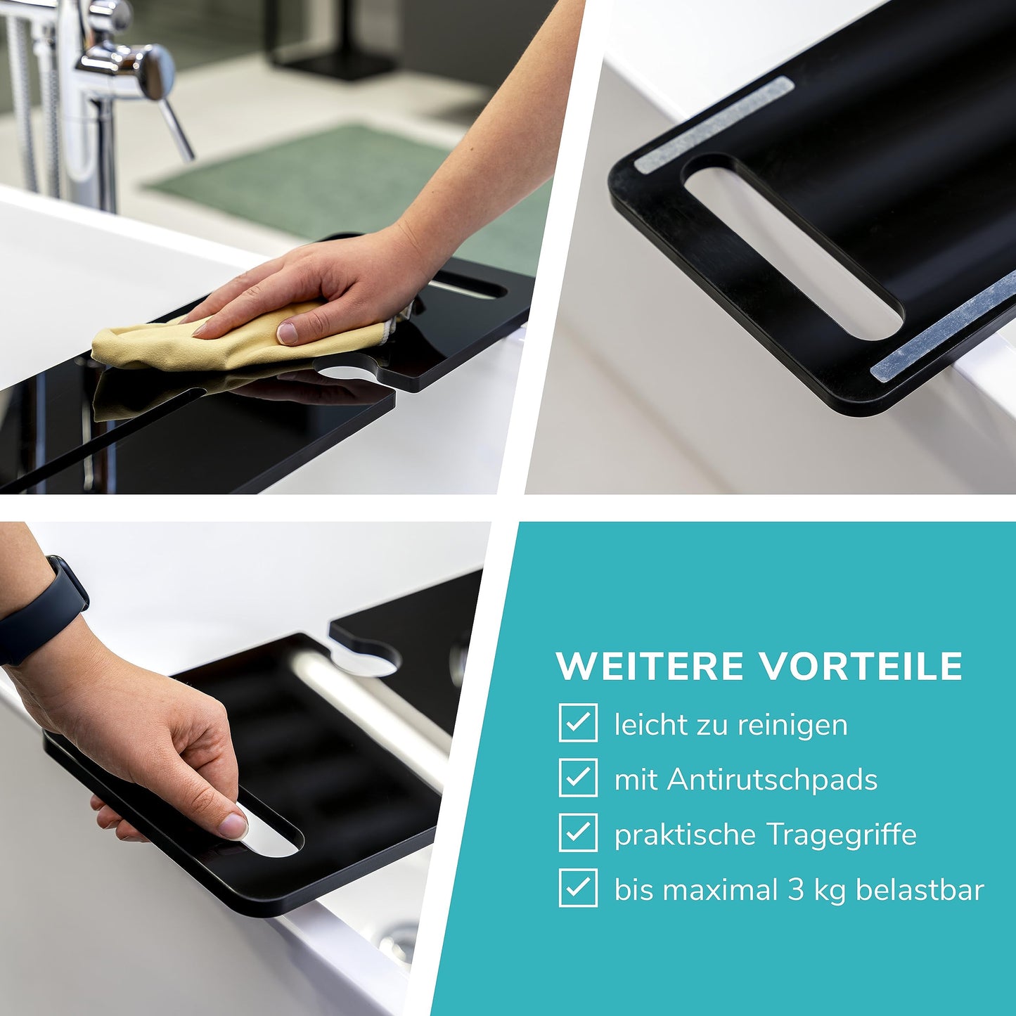 eluno acrylic bathtub caddy with drink holder and tablet slot, approximately 90 cm (black/high gloss)