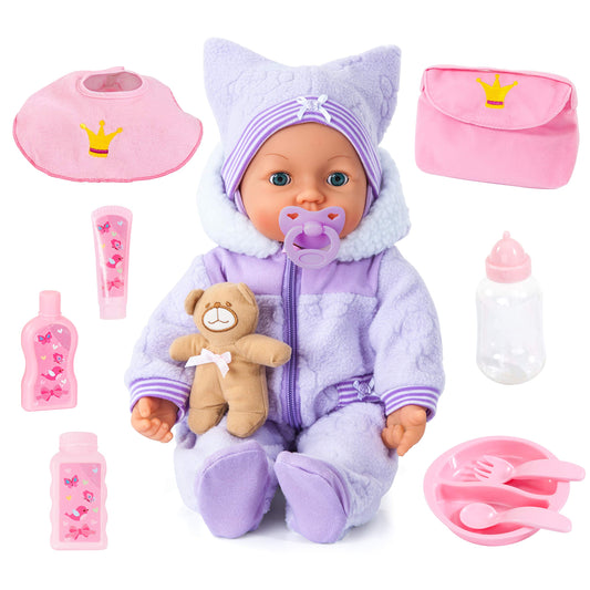 Bayer Design 94694AA, interactive doll Piccolina Magic Eyes, purple, 46cm & doll clothes for 40-46cm dolls, pants, top, hat, scarf, doll accessories, pink, green.