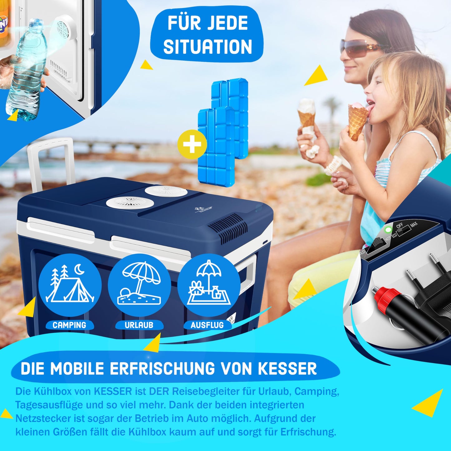 KESSER® 40L Cooler with Wheels | for heating and cooling | Thermo-Electric Cooler | Mini Fridge | 12 & 230V Thermo box for car, camping & socket ECO mode | incl. Cooling packs | Navy Blue