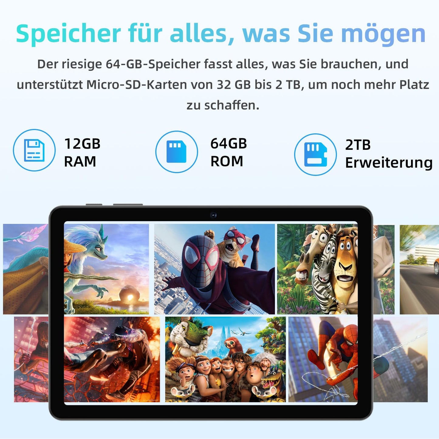 JIKOCXN Android 15 tablet 10.1 inch tablet, 12GB RAM+64GB ROM+1TB expansion, 1280x800 HD touchscreens, 6000mAh battery, WiFi 5, Bluetooth 5.0, 5MP+8MP dual camera, GPS (Gray)