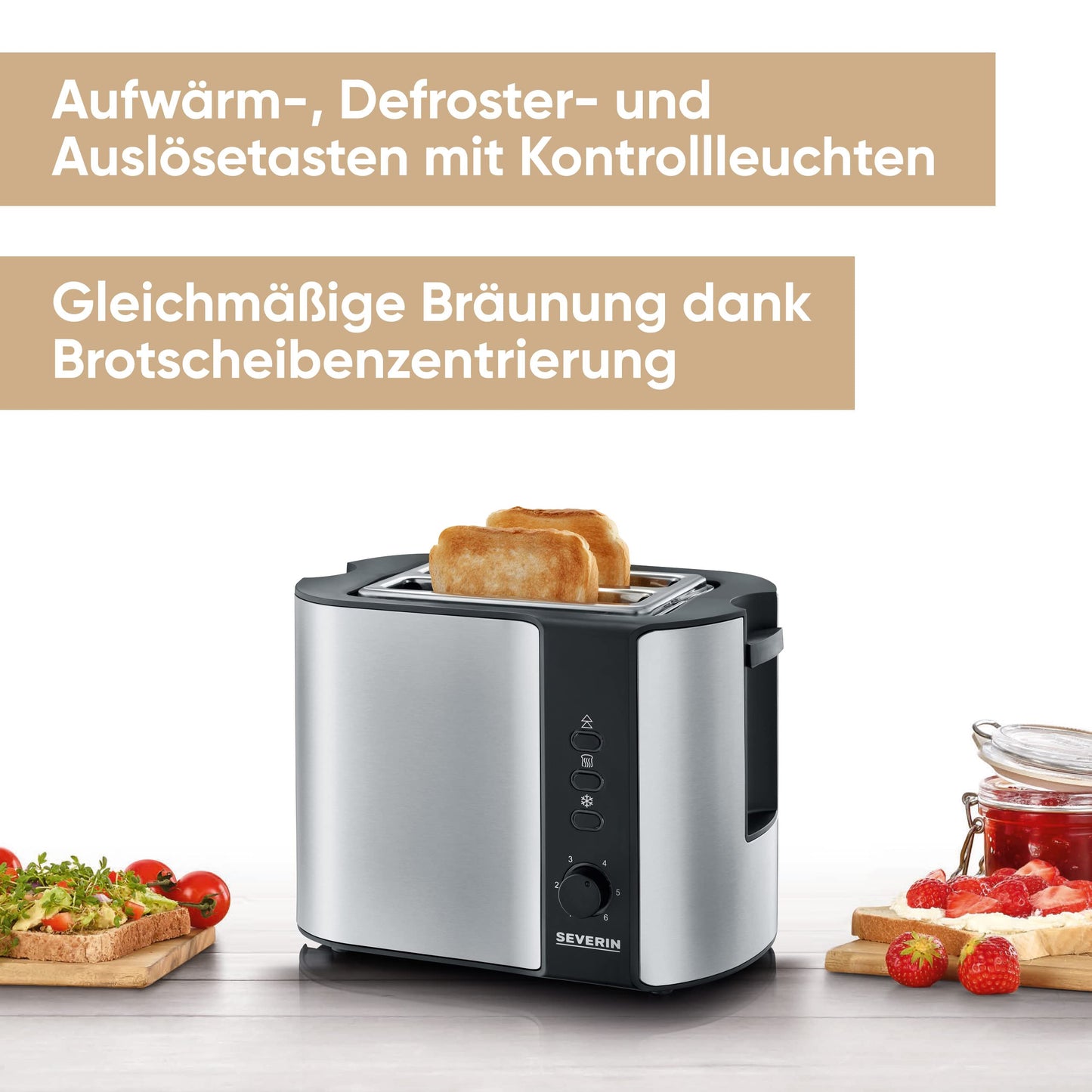 SEVERIN automatic toaster with bun warmer, high-quality stainless steel toaster for toasting, defrosting, and warming, 800 W, stainless steel brushed/black, AT 2589