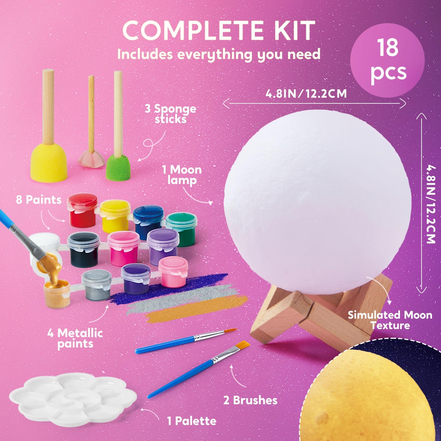 Clever Kits Crafting Moon Lamp Painting Set, DIY Moon Lamp Painting Creative Set for Kids, Craft Kit for children aged 6 7 8 9 10 11 12 years, Gifts for Girls 6-12 years, 3D Painting Night Light