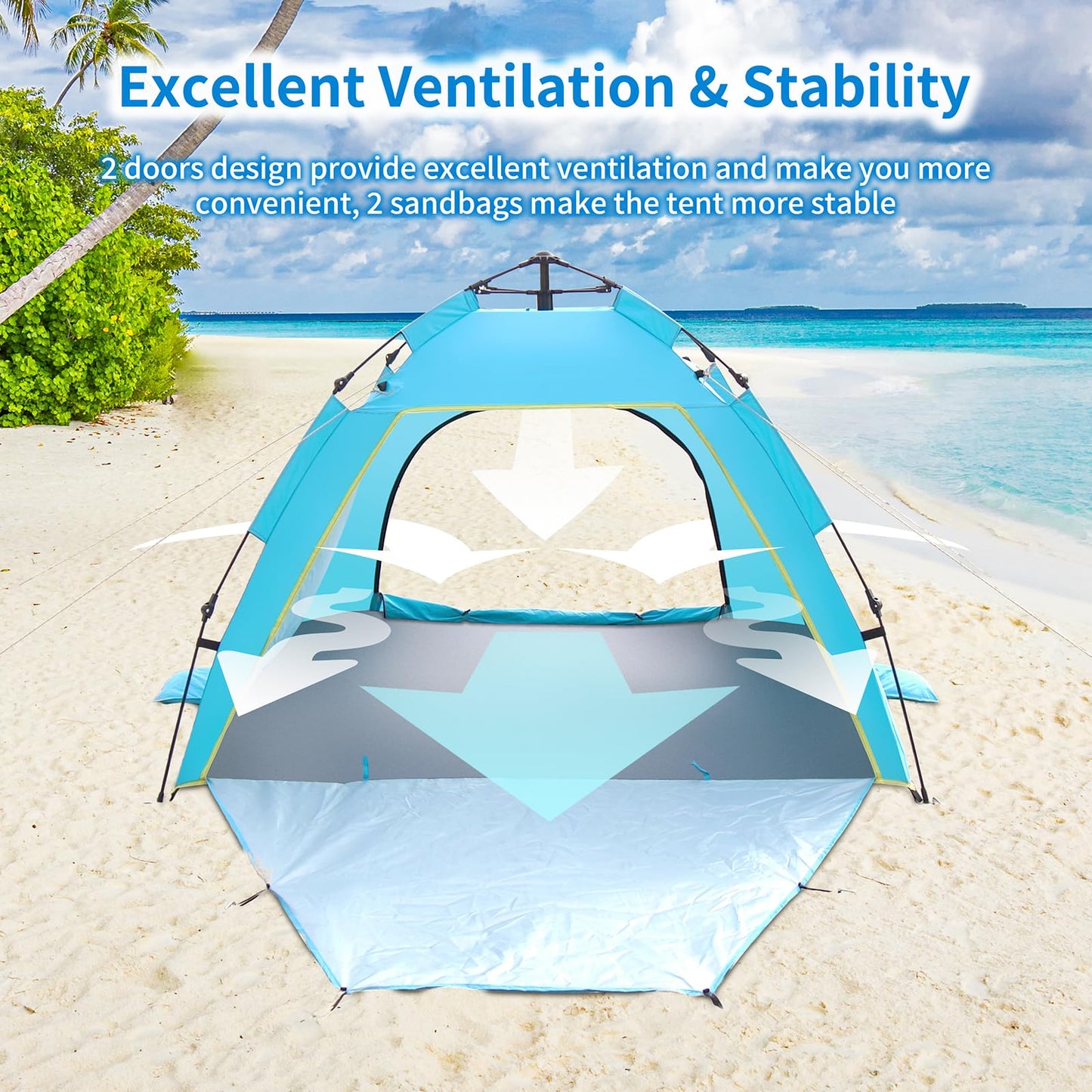 Cflity Beach Shelter, 1-3 Person Automatic Instant Pop Up Beach Tent, UV Protection 50+ Sun Shelter Large Portable Extra Light Pop Up Tent with Double Door for Garden, Fishing, Picnic.