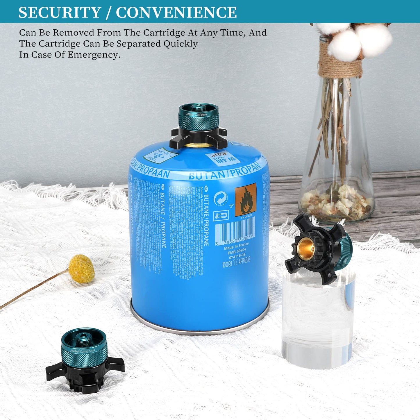 Jeebel Camp Valve Cartridge Adapter for Campingaz Easy-Click/CV gas cartridges. Transition from bayonet fitting to 7/16" screw thread connection.