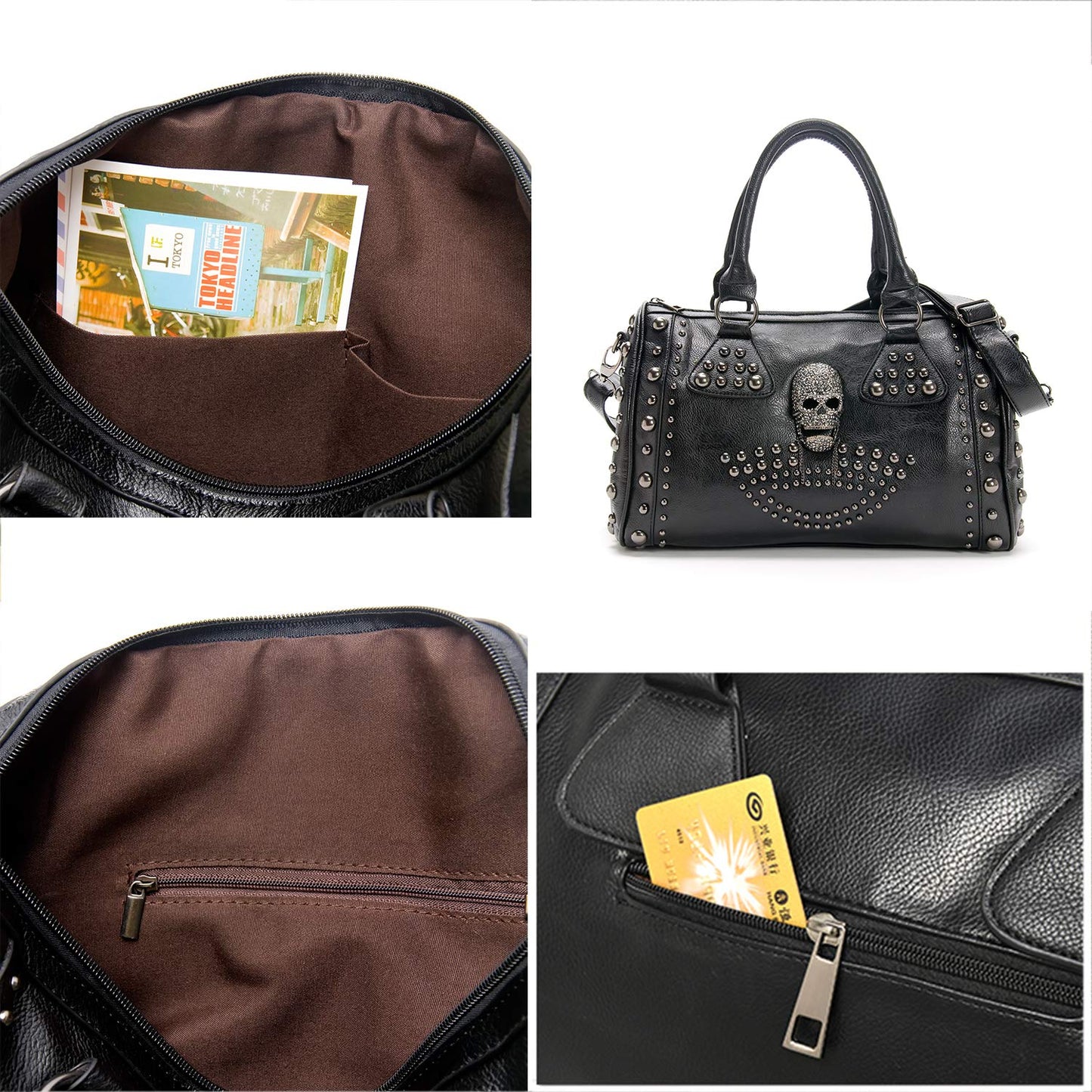 Alwaysky Women's Skull Handbag Large Capacity Gothic Shoulder Bag Studded Doctor Handbag, Black