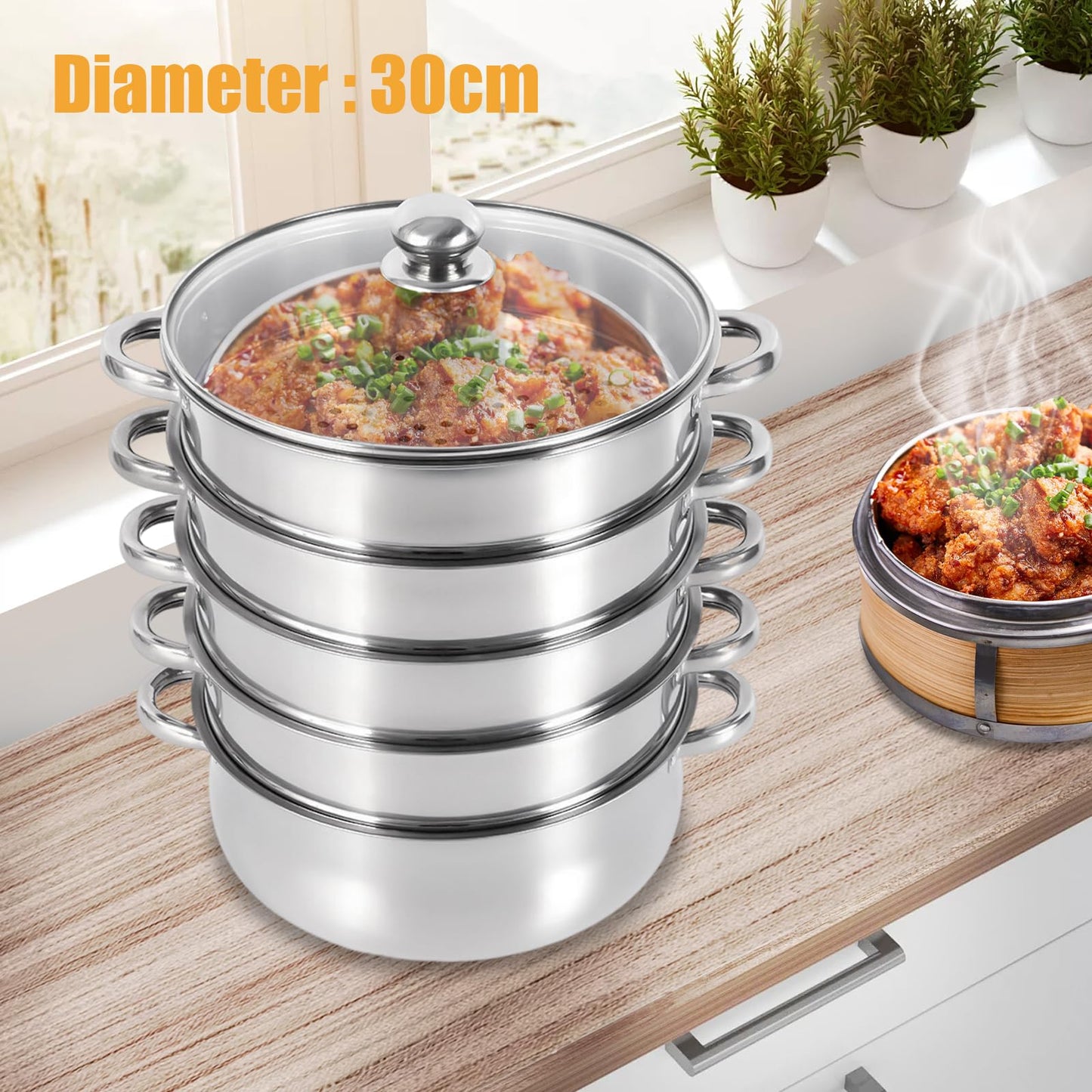 Steamer steam cooker, 5-tier stackable stainless steel steamer pot with glass lid, diameter 26/28/30cm (30cm)