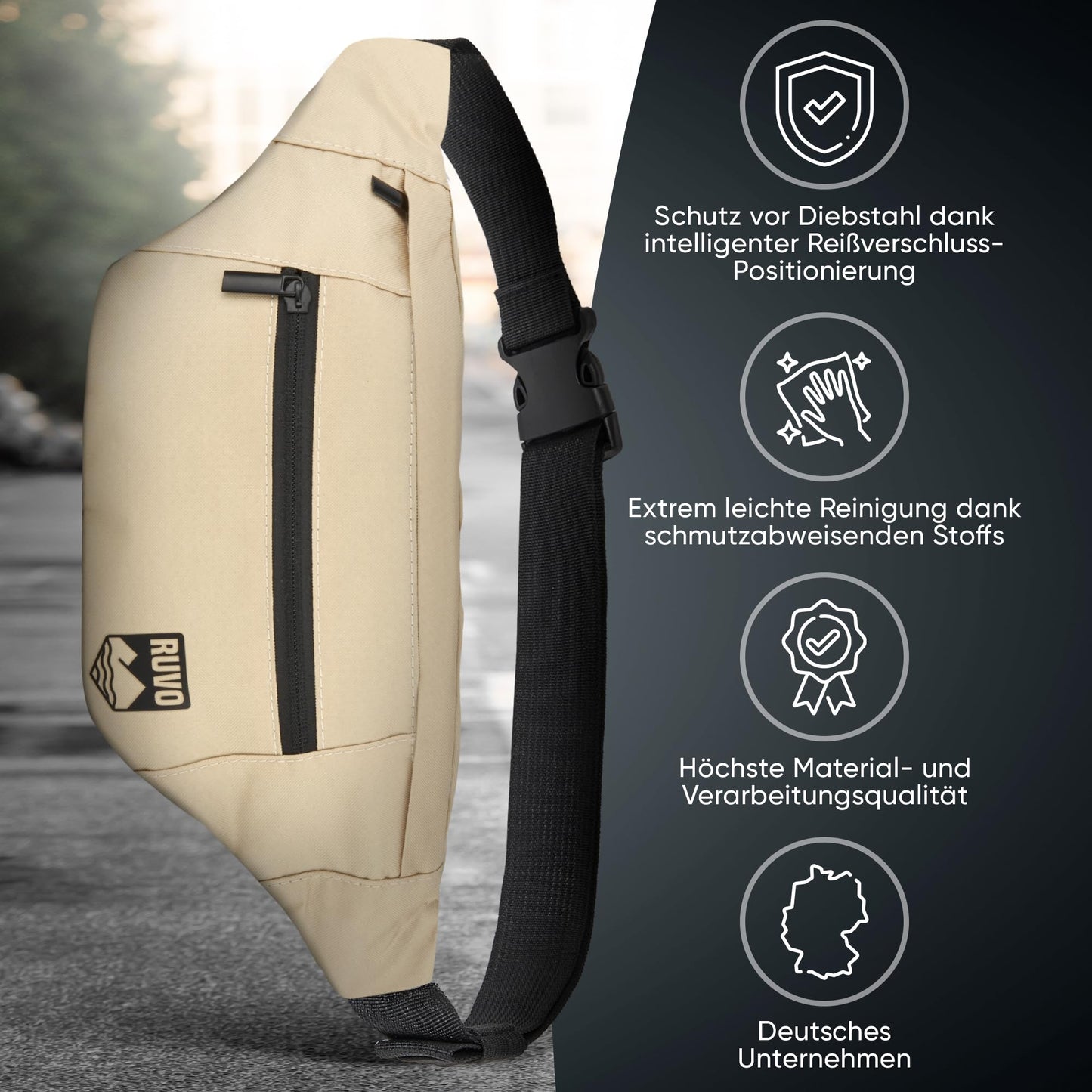 RUVO® Waist Bag for Men and Women | stylish fanny pack with maximum storage space | 4 compartments each with zipper | suitable for all activities.