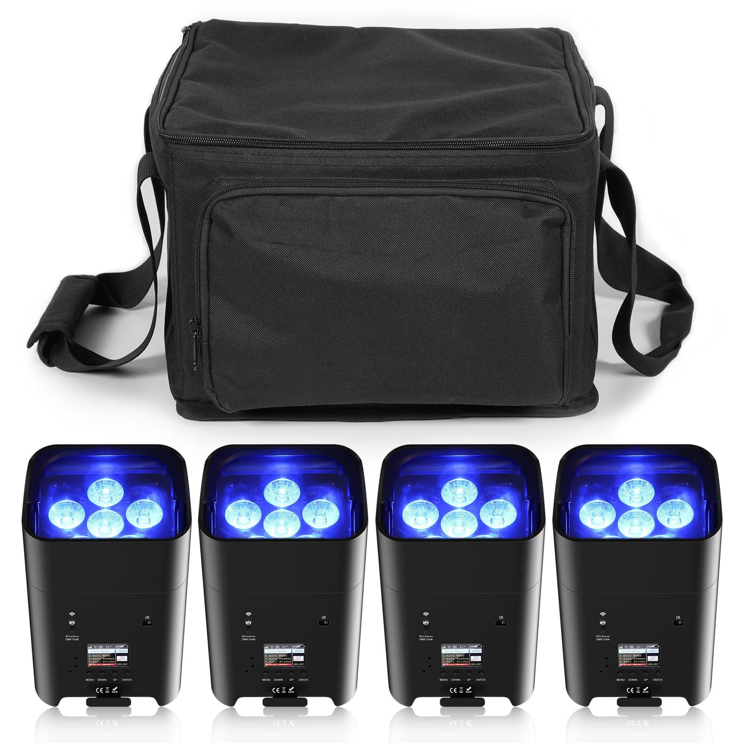 PUZILOZA 4PCS 108W LED Par Lights Battery Powered with Bag via APP, RGBWA+UV DMX Built-in rechargeable 8800mAh battery Stage Light Uplight with Remote Control for DJ Bar KTV Wedding Birthday.