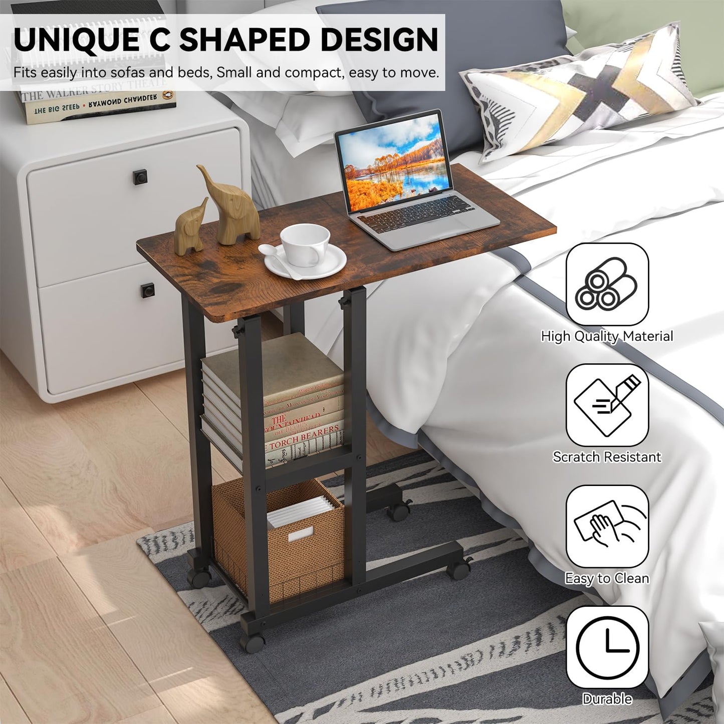 PIPIPOXER Side Table with Wheels, 60x30 cm Coffee Table with Wheels, Adjustable Height 69-90 cm Laptop Desk, Laptop Table with 360-degree Rotating Wheels for Living Room, Wood.