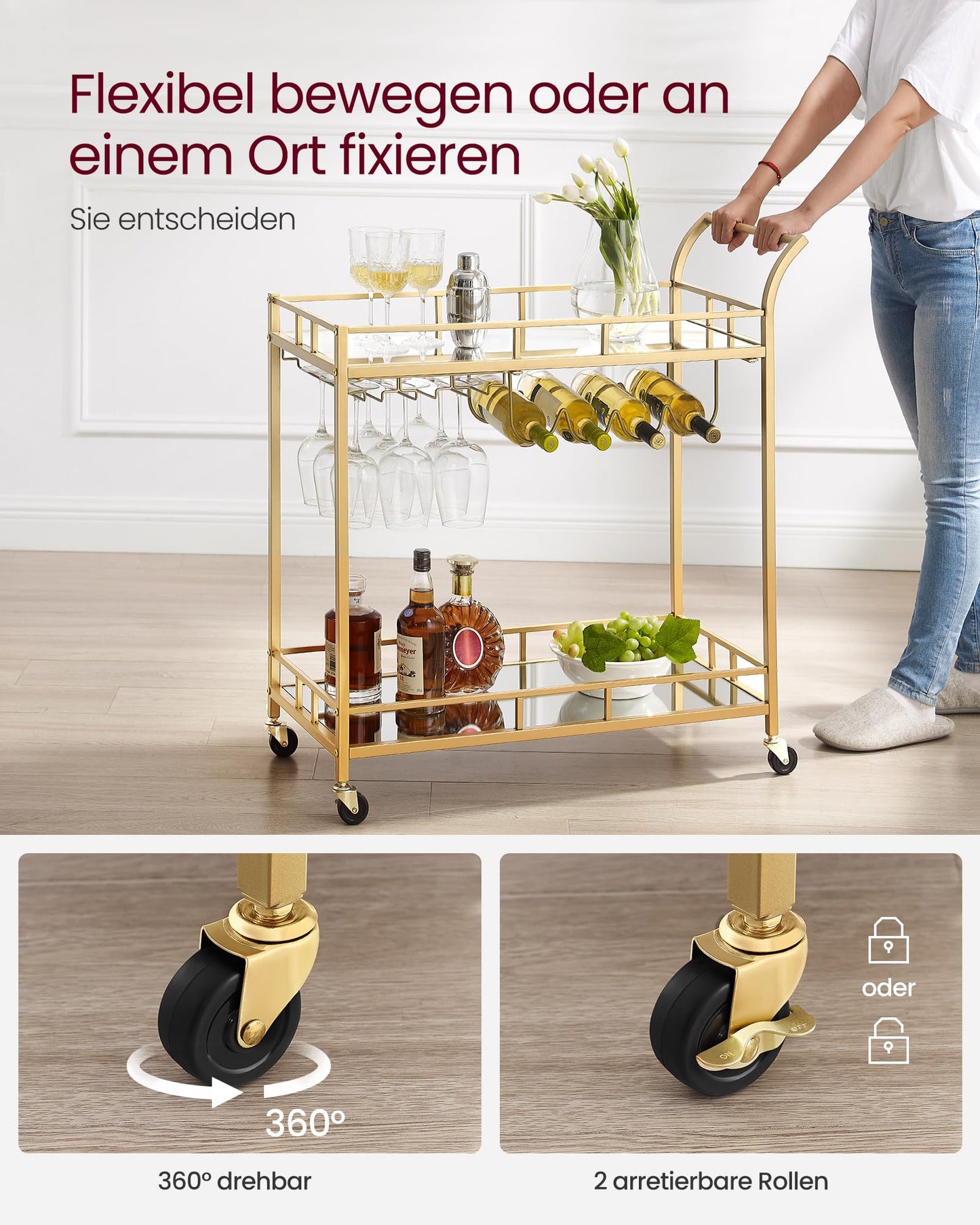 VASAGLE serving cart, rolling cart, glass holder, 2 mirrored glass shelves, bar cart, wine cart, for kitchen, dining room, bar, gold color LRC090A03