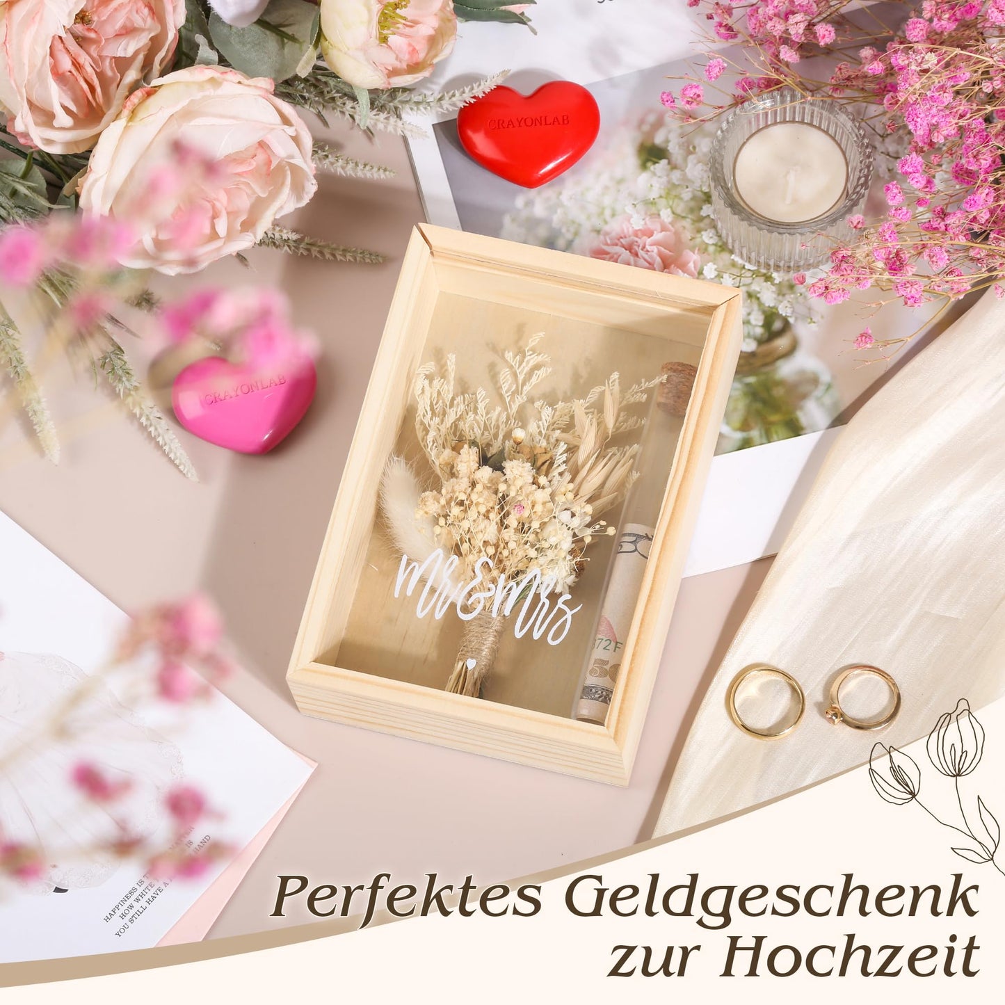 Wedding money gift - Mr & Mrs gift box with dried flowers & test tube - Wedding gift for the bridal couple - Creative money gifts for weddings - Wooden box as a keepsake