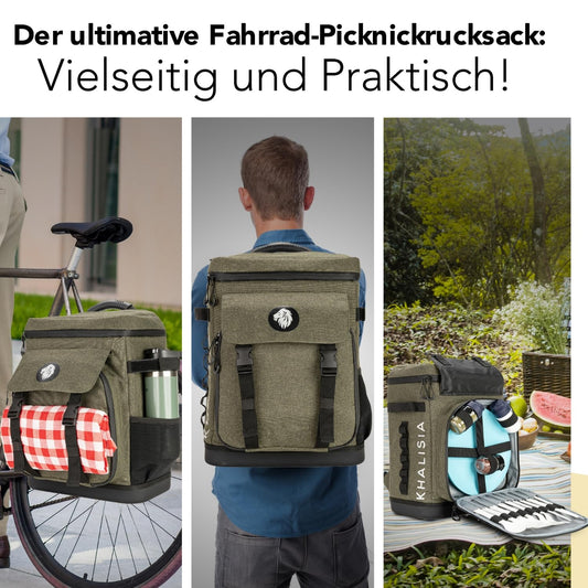 KHALISIA - REISSUE - Bike bag backpack with cooler compartment - Bike accessories - with extra picnic compartment - insulated pannier bag - Khaki - 25 liters