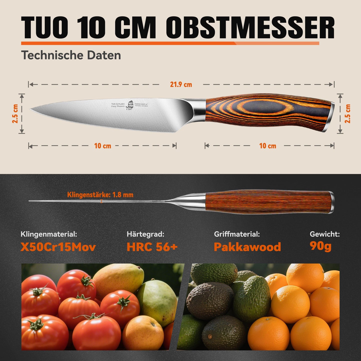 10cm vegetable knife, sharp paring knife, small kitchen knife made of high carbon German stainless steel, rust-resistant kitchen utensil, luxurious gift box included - Fiery Phoenix series