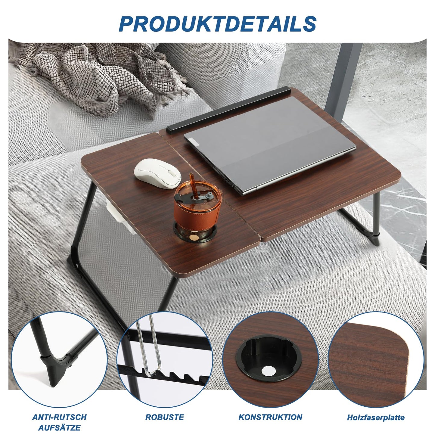 Laptop table for bed, EDWINENE bed tray Foldable Adjustable Laptop Table for Couch, Laptop Bed Desk with Drink Holder, Folding Table for Working Studying Reading Eating (Brown)