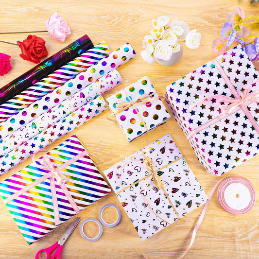 woric 5 Rolls Gift Wrap Birthday, 43cm x 3m Gift Wrapping Roll Colorful Gift Wrap Roll Set for Kids' Birthday Wedding Baby Shower (Multicolor)