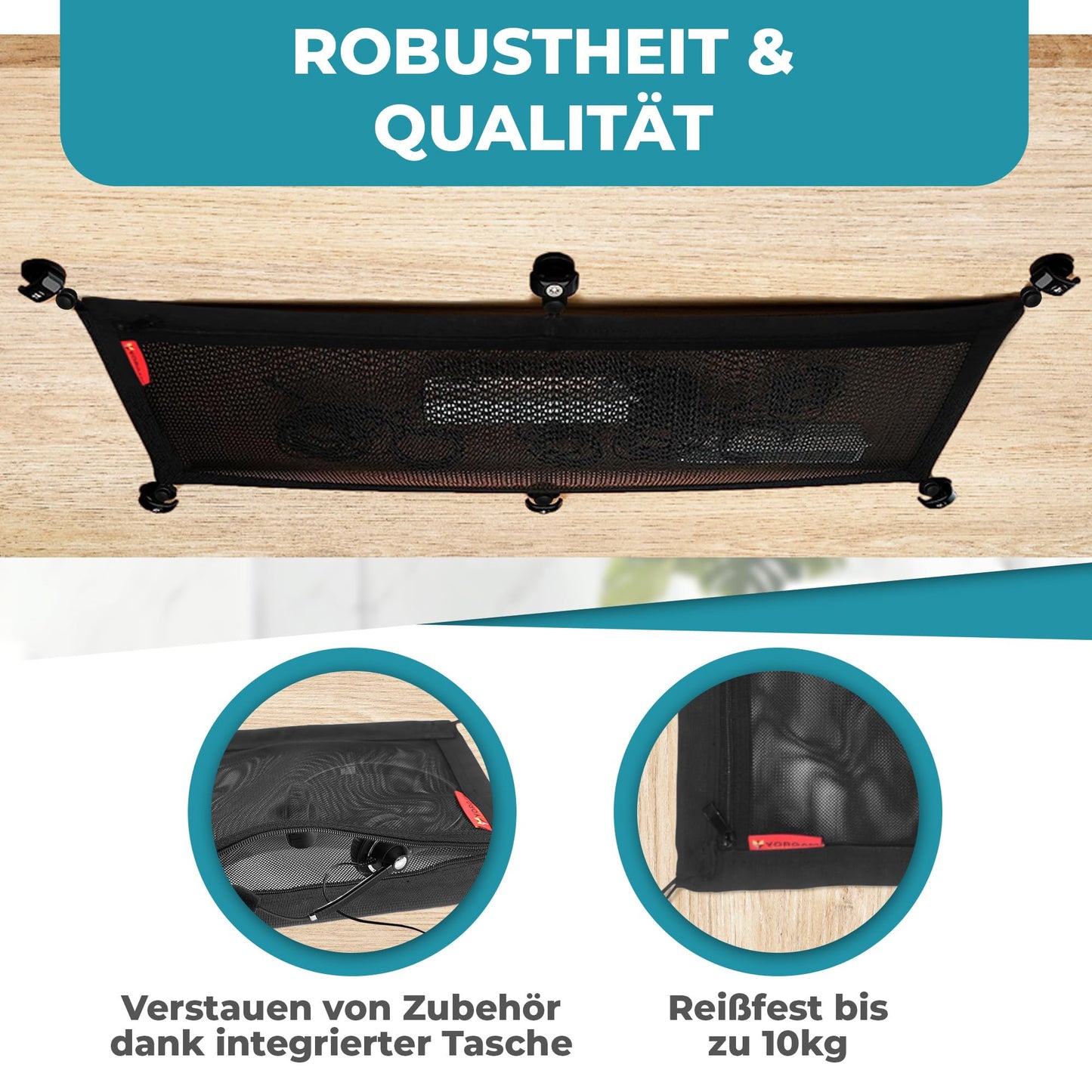 Cable Management Desk - Flexible cable channel desk for hiding cables with double-layered net and integrated pocket for storage (Black - 63 x 24 cm)