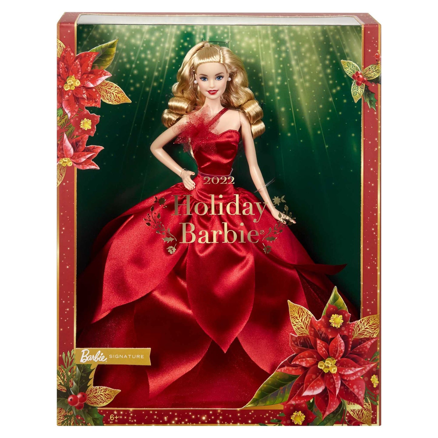 Barbie HBY03 - Signature Holiday Doll 2022 (Blonde Hair) in red dress, with red lipstick and golden earrings, toy for children aged 6 and up.