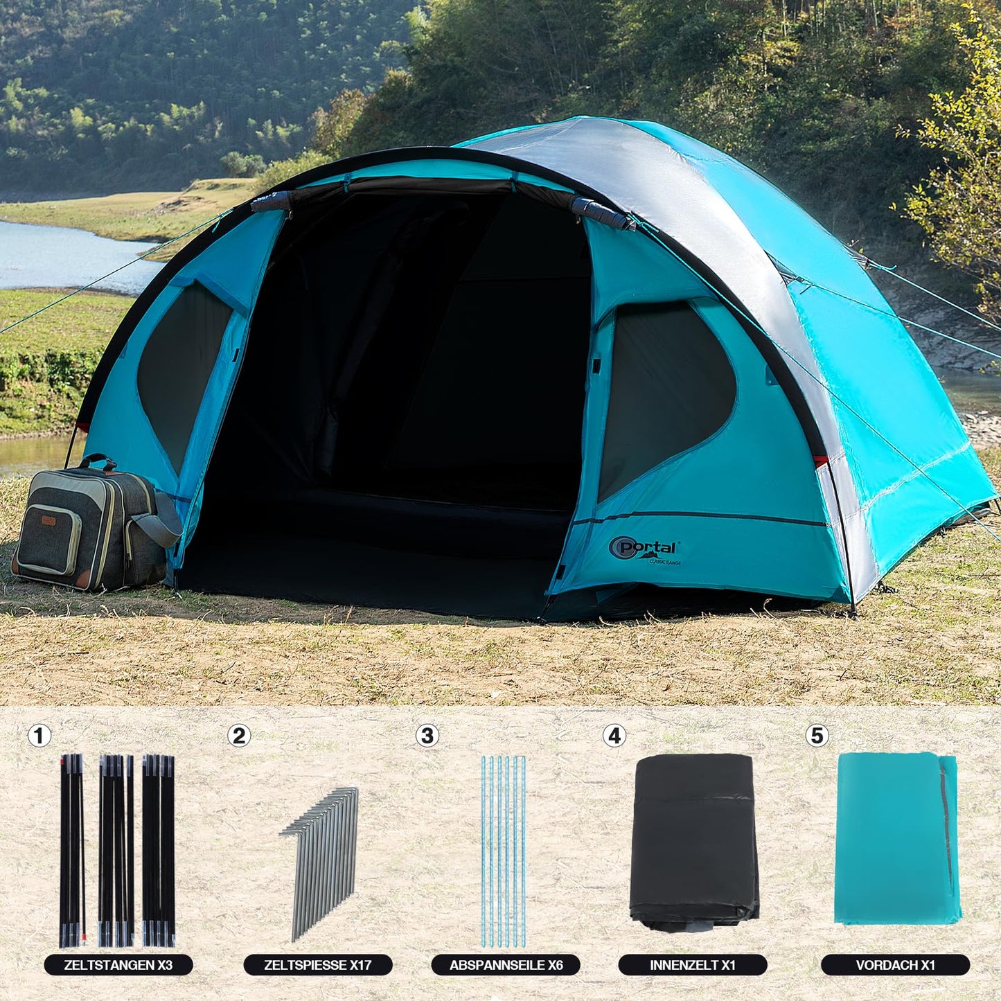 PORTAL Blackout tent for 3-4 people with front vestibule. Dome tent with 4000mm waterproof rating. Ideal for camping, traveling, festivals, and outdoor activities with family.