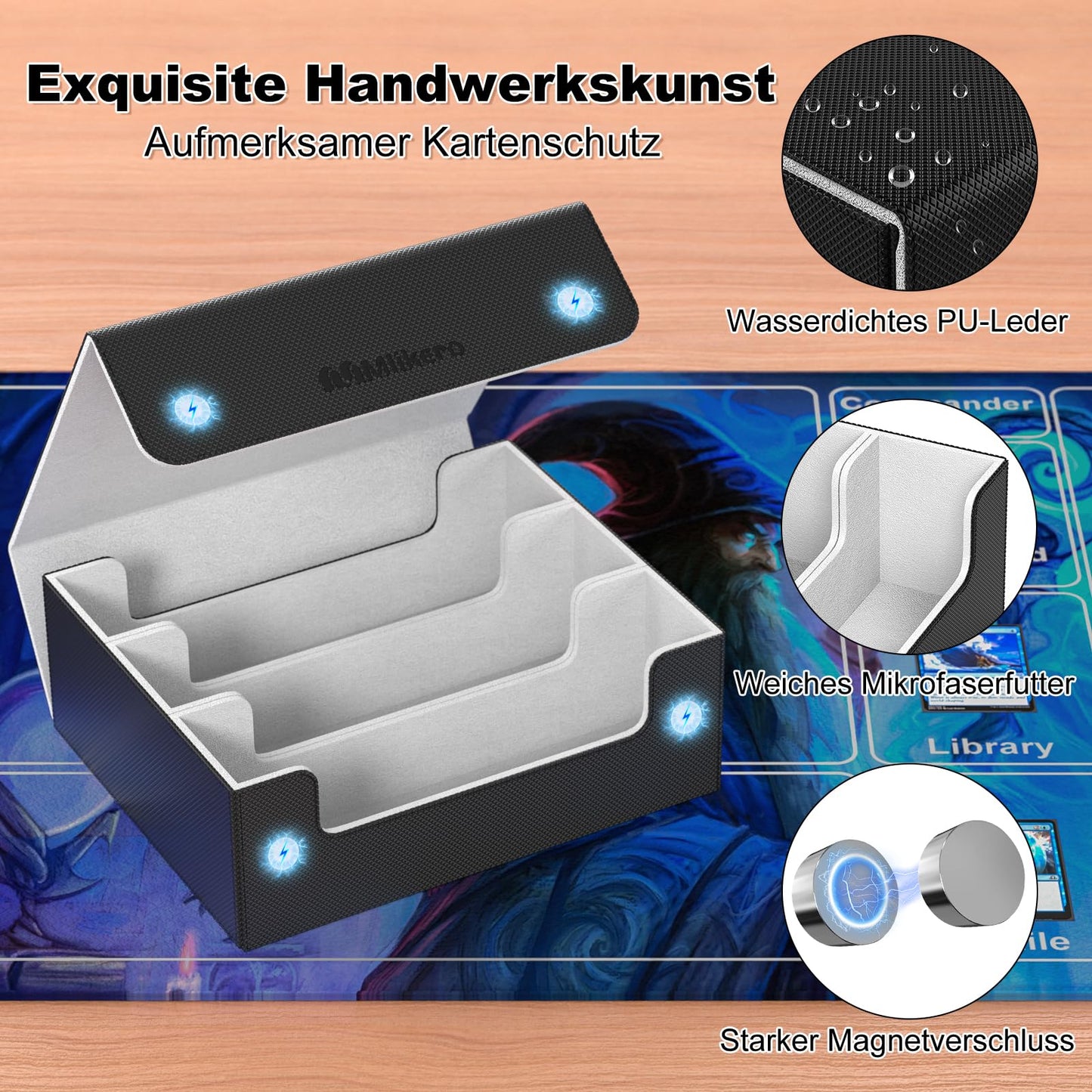 Mlikero card storage box holds 1800+ cards, magnetic deck box fits MTG and sports cards, premium Commander deck box with 10 compatible card dividers.