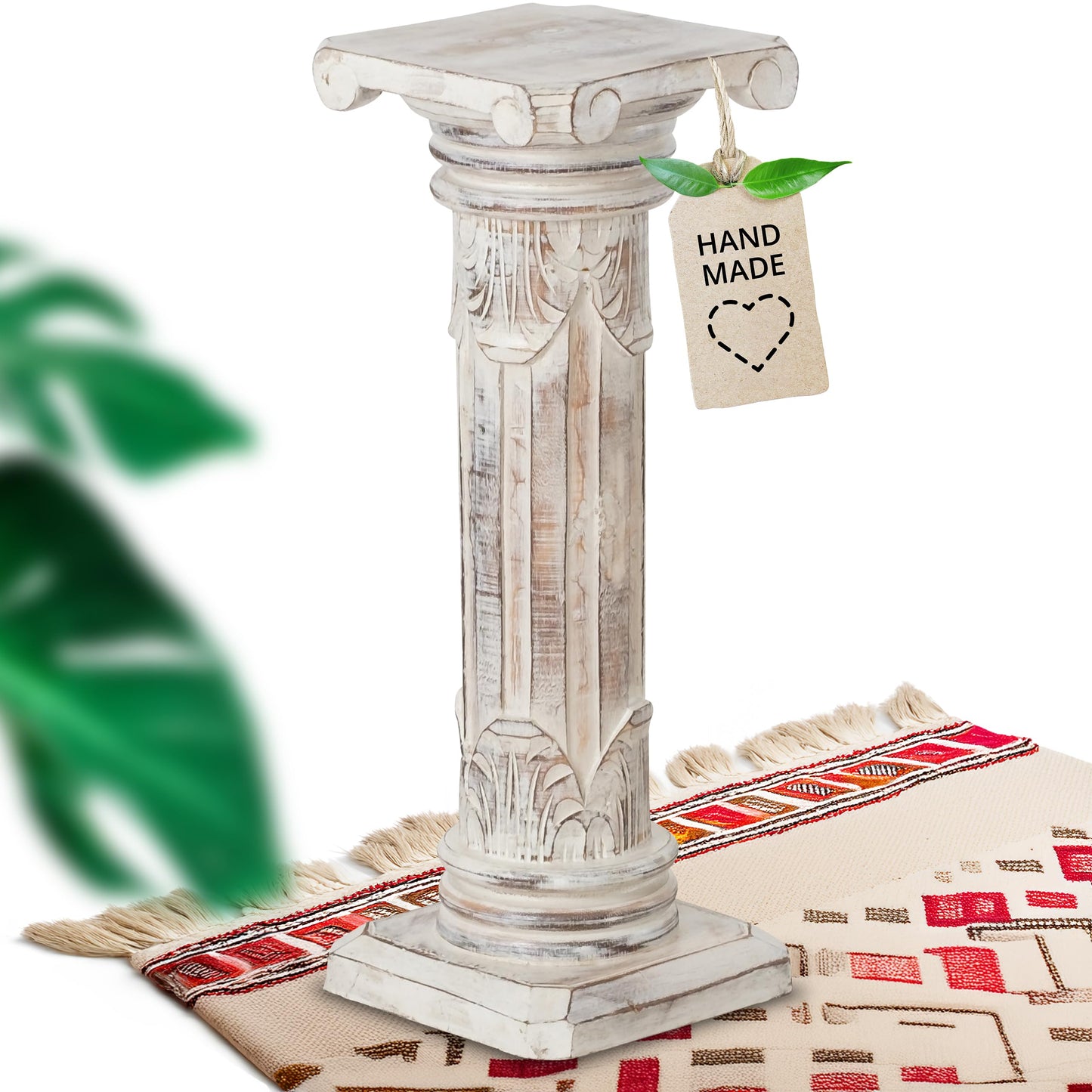 livasia noble flower column wood in antique look - 60cm - decorative column made of albizia wood, handmade, sustainable and unique from Bali, perfect for living room, hallway or garden (white)