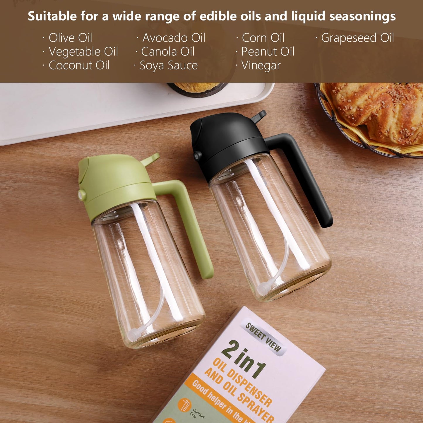 SWEET VIEW 2 in 1 Oil Sprayer for Cooking, 470ml Glass Oil Bottle/Olive Oil Spray Bottle for Salad, Grilling, and Air Fryer (Black, Black)