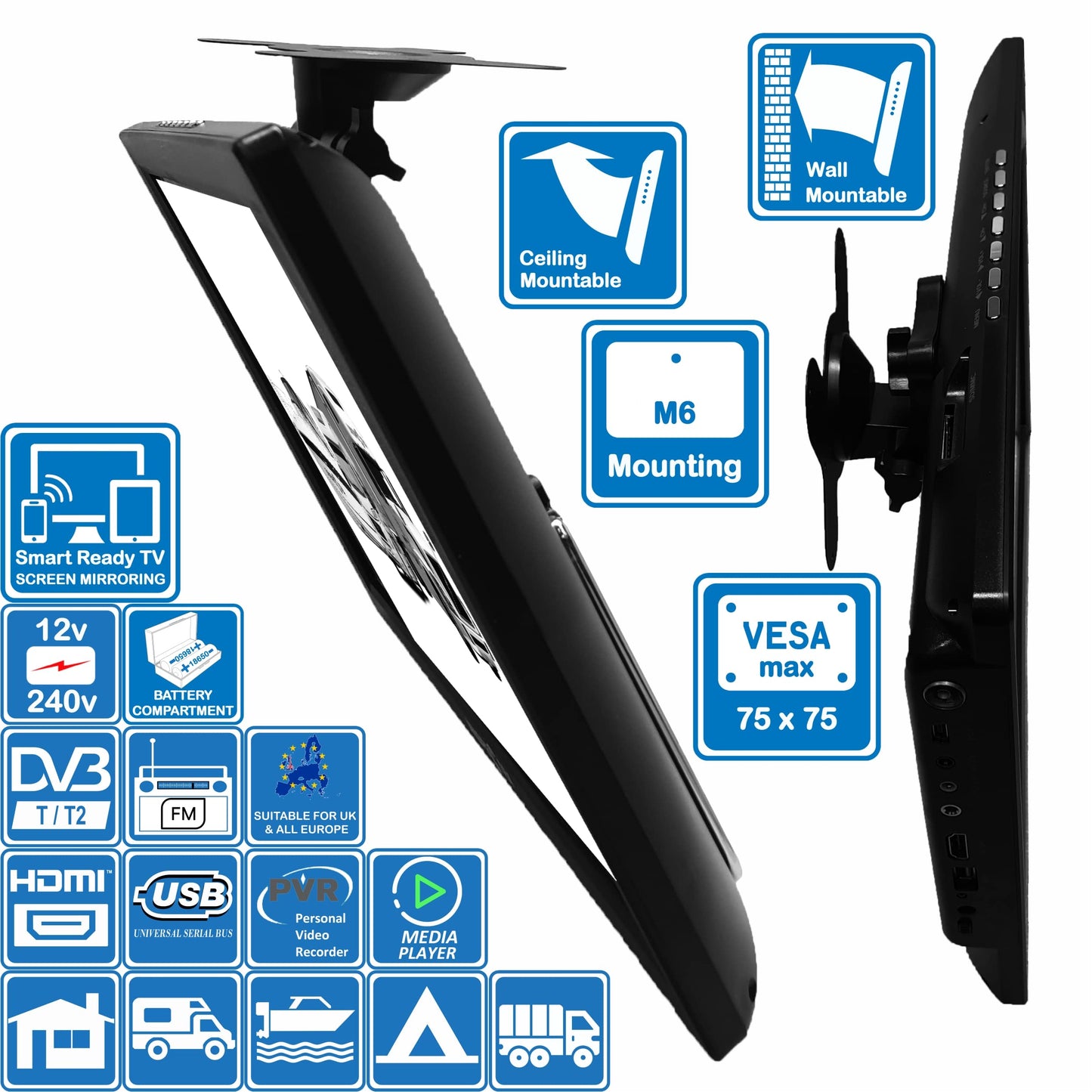 Unispectra® 14" TV 12V / 230V HD LED DVB-T/T2 (free to air) Screen mirroring technology USB PVR & Media player, HDMI. 12V TV for motorhomes, caravans, camping, trucks, boats, kitchen.