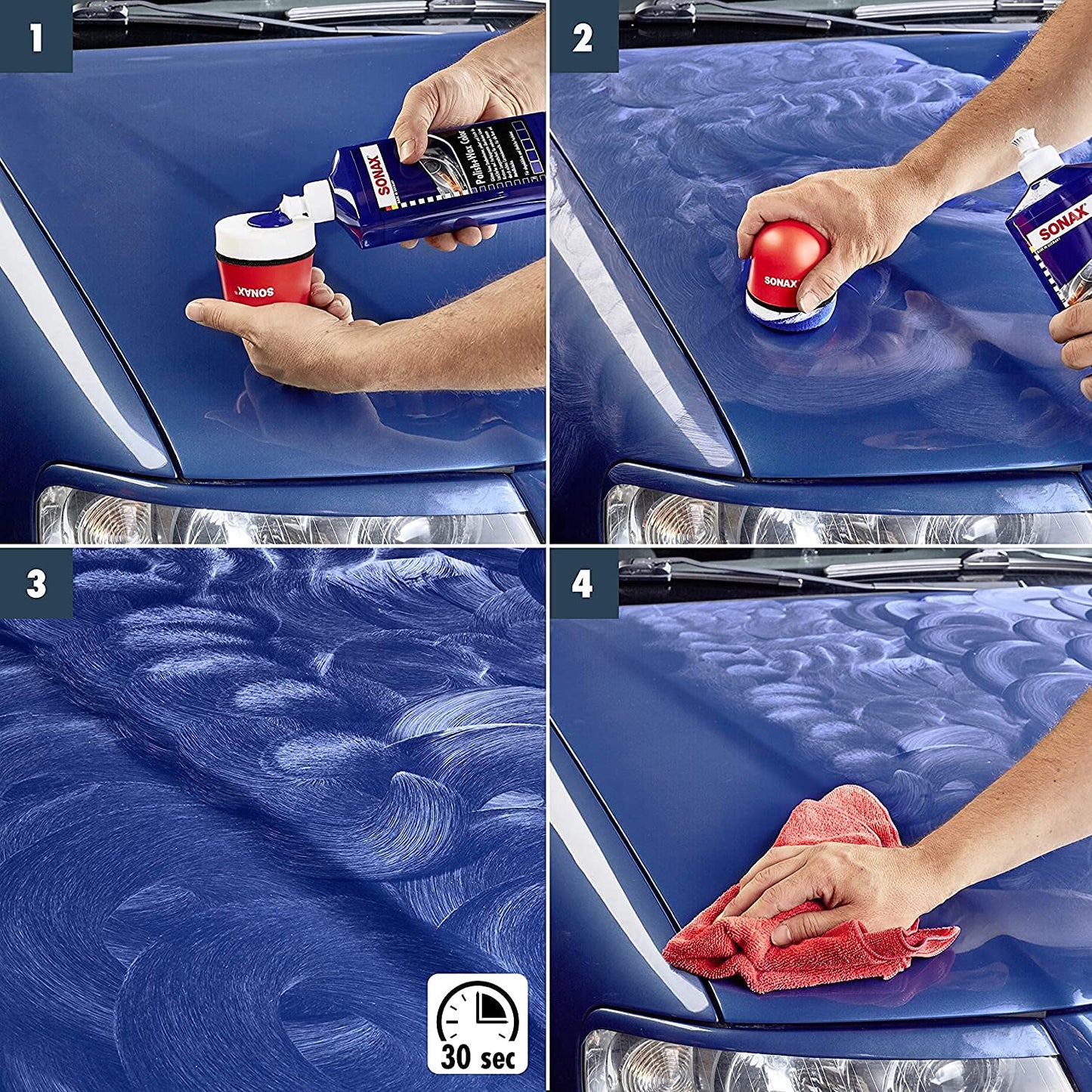 Detailmate SONAX Hand Polishing Set - SONAX Polish+Wax Color blue 500ml + Hand polishing sponge Puck in composite construction hard Ø90/50mm Edgeless Superplush Microfiber Polishing Cloth 550GSM