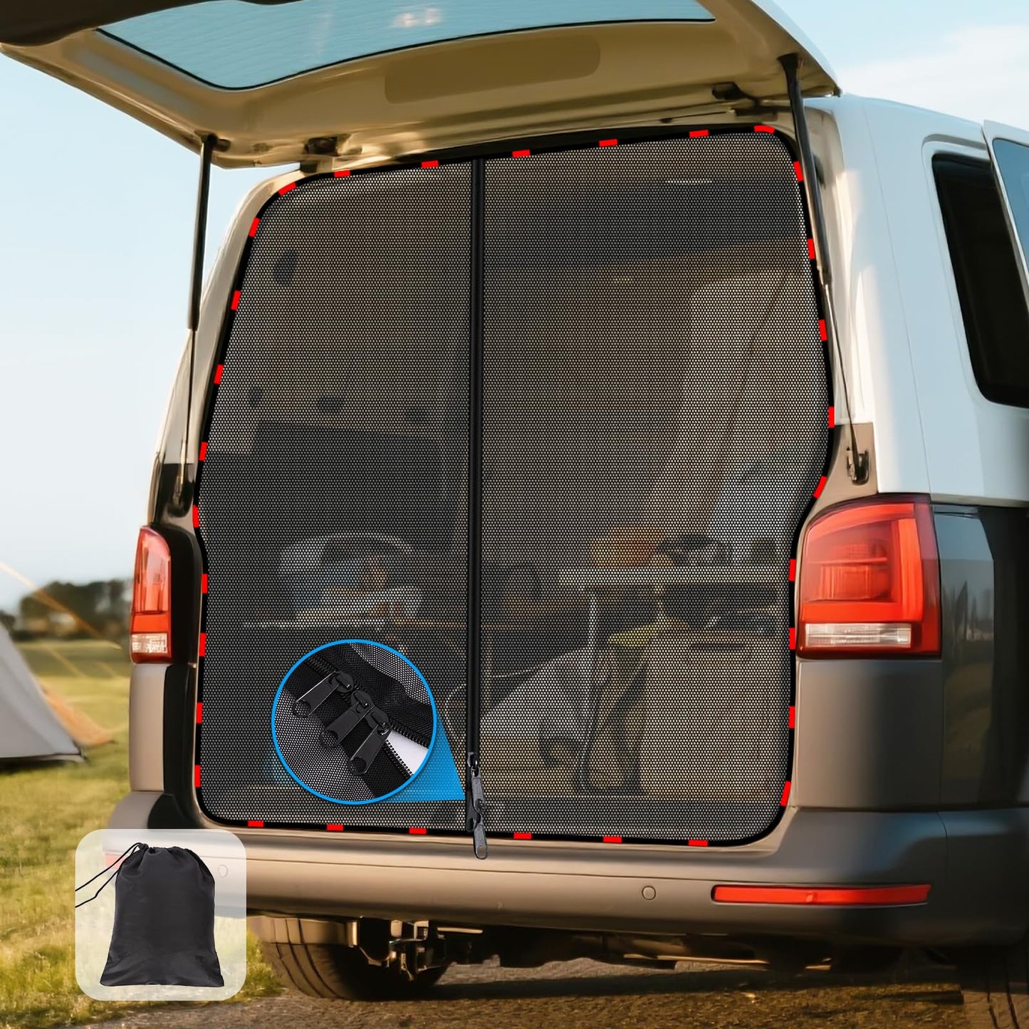 ZATOOTO mosquito net zipper for VW T5 T6 tailgates, fly screen insect protection sunshade, rear door separator curtain mosquito net with magnetism, trunk shade net camping travel (rear)