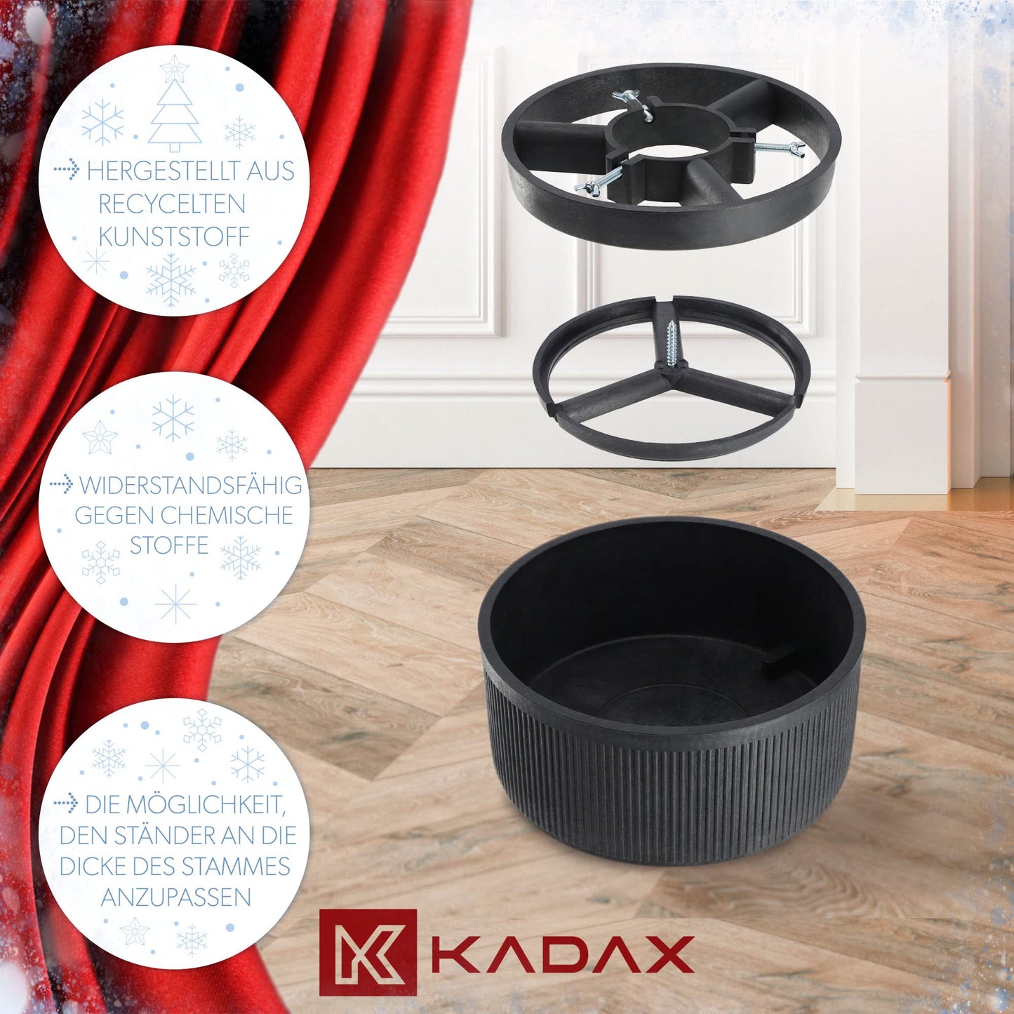 KADAX Christmas tree stand made of recycled plastic, for real trees up to 150cm tall. Graphite color.