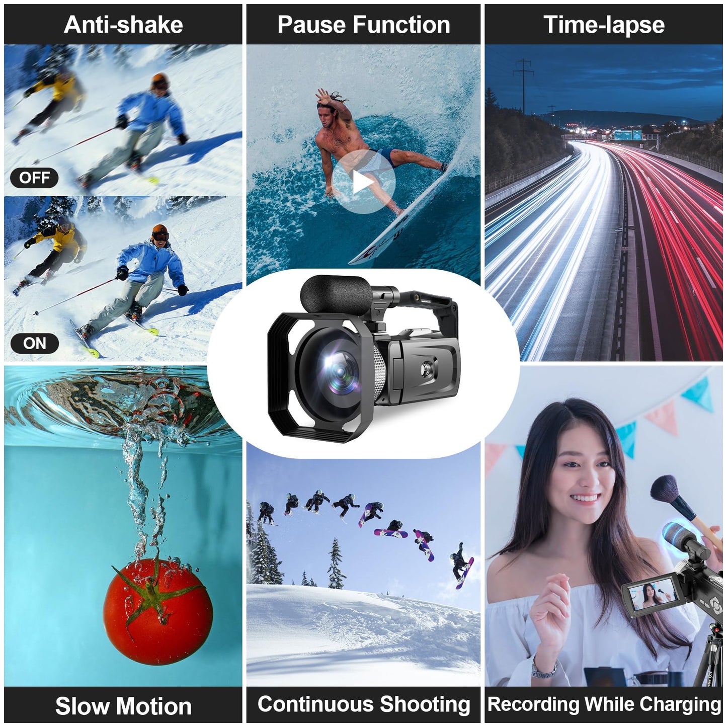 Hojocojo 4K Camcorder 48MP 60FPS, 18X Digital Zoom Webcam Video Camera Vlogging Camera for YouTube with Hand Stabilizer, Lens Hood, Remote Control, 2 Batteries, 32GB SD Card