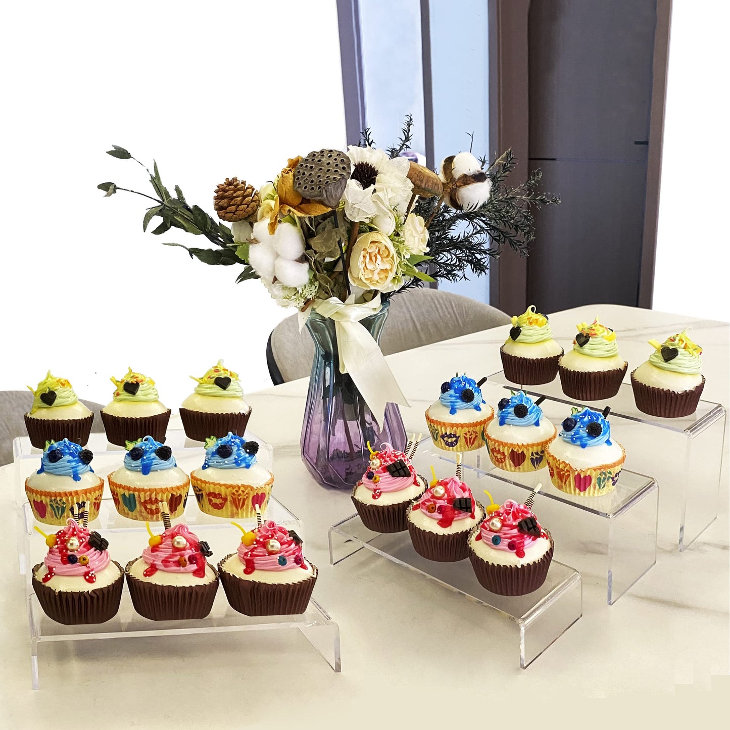 6 Piece Acrylic Clear Display Shelf Riser Stand Holder 2 Sets 3 Sizes Jewelry Display Shelf Buffets Cupcakes Figures Presentation Sales Stand Dessert Organizer Decor Shoe Rack (Clear)