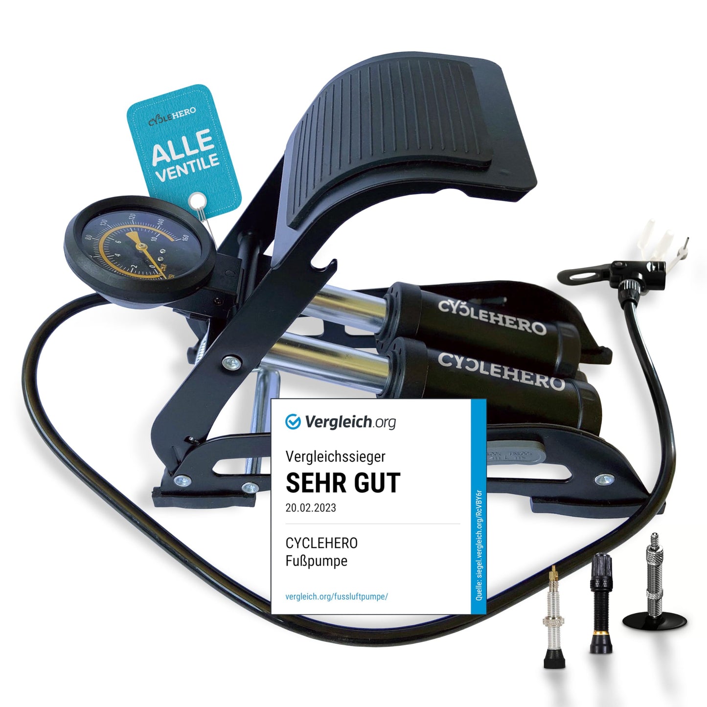 Foot pump with double cylinder and pressure gauge test VERY GOOD - 10 years warranty. Foot pump for all valves (bicycle pump, car air pump) - Powerful foot air pump - High-quality foot air pump.