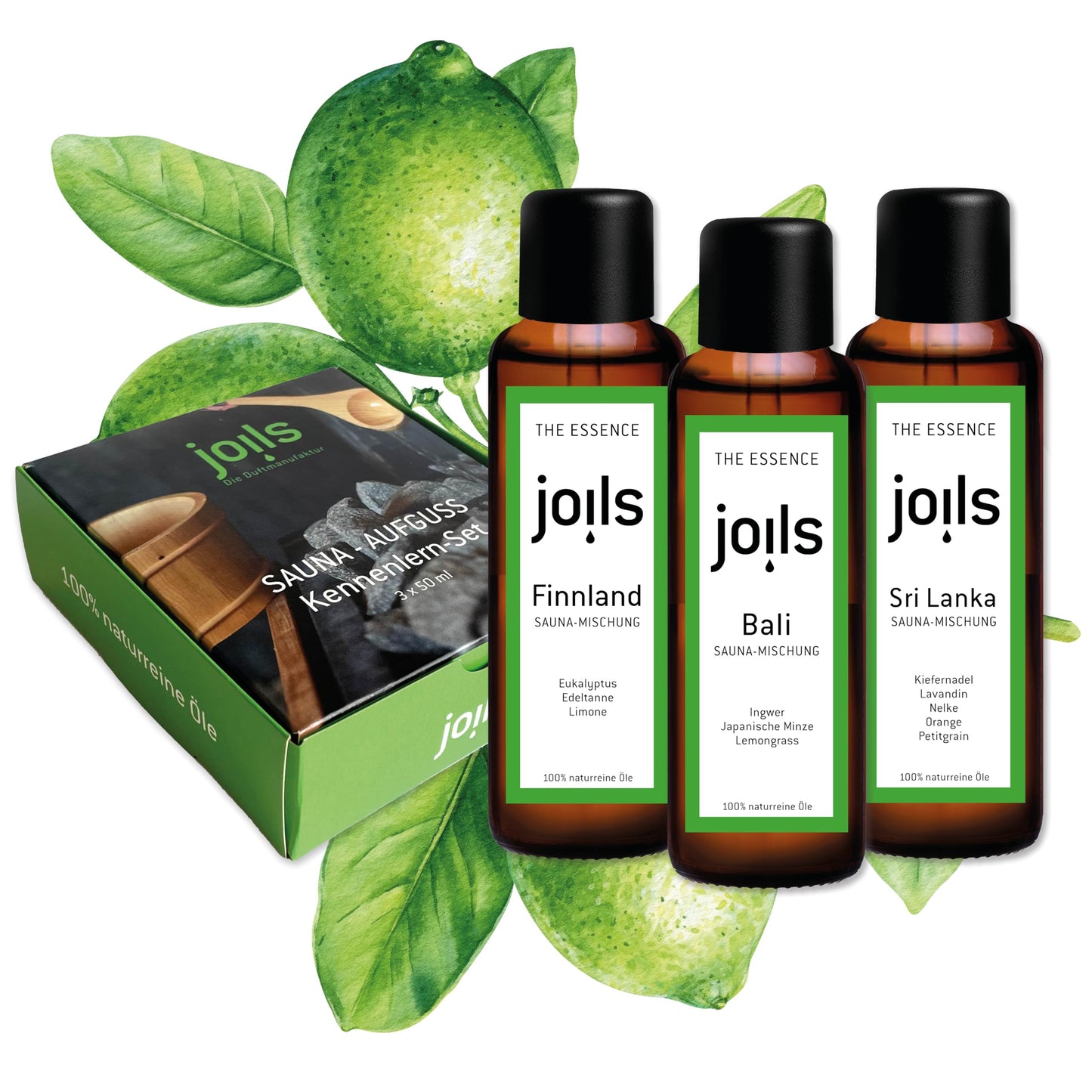 JOILS® Sauna infusion set I, pure, 3x100ml, 100% natural oil for your sauna, organic sauna oil in a gift set.