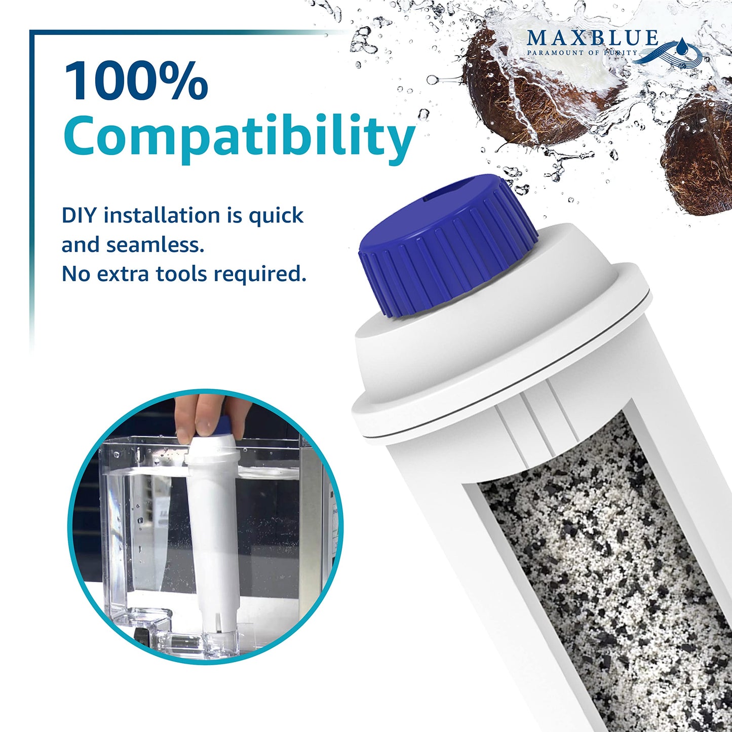 Maxblue coffee water filter, replacement for De'Longhi® DLSC002 9310926 SER3017 5513292811. Compatible with various models of ECAM, ESAM, ETAM. TÜV SÜD certified.