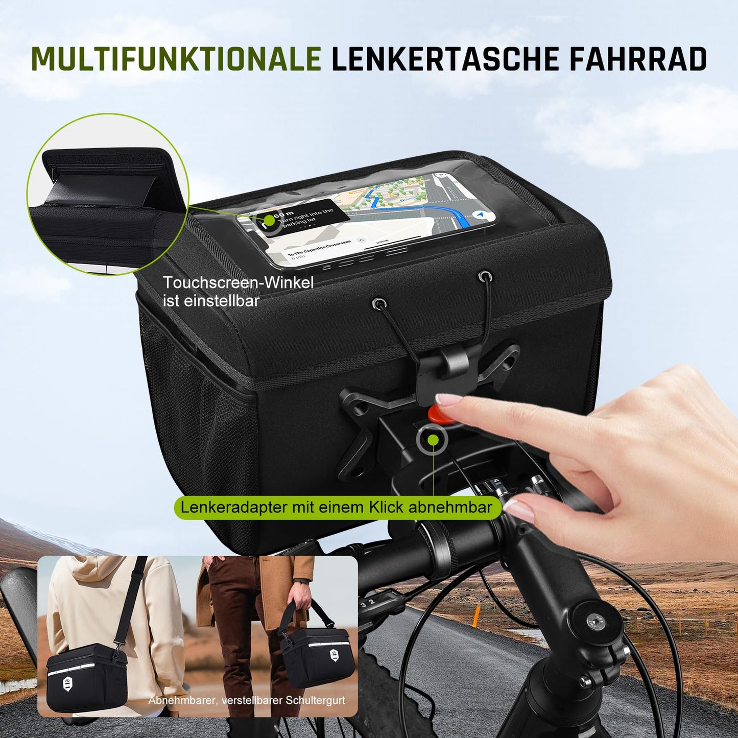 Lesolph handlebar bag for bike with handlebar adapter for bicycle and e-bike, 6L bike handlebar bag waterproof front bike basket accessory with phone holder, touchscreen, and removable shoulder strap.