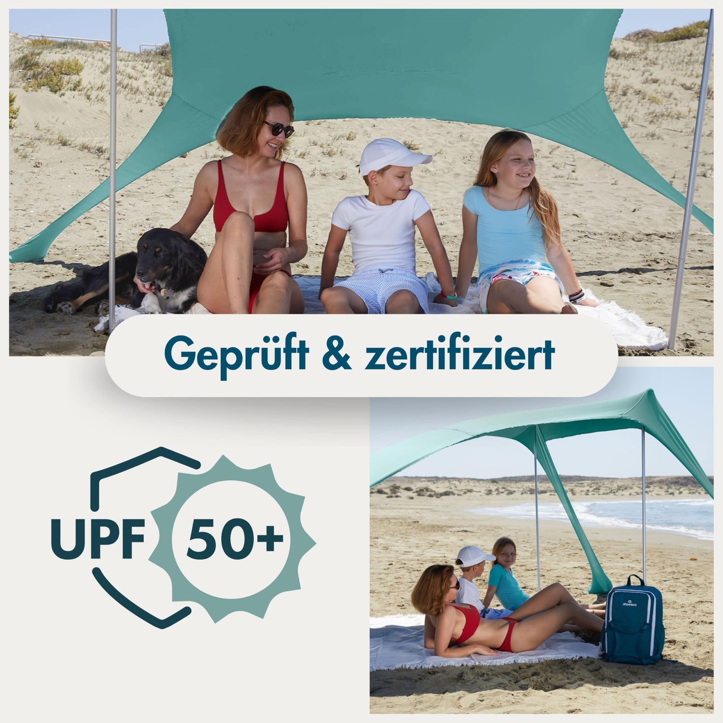 MOMEVO - Sunsail Young Family Beach Tent - Sunshade Beach with certified UV protection UPF50+ (Up to 4 people, Aqua)