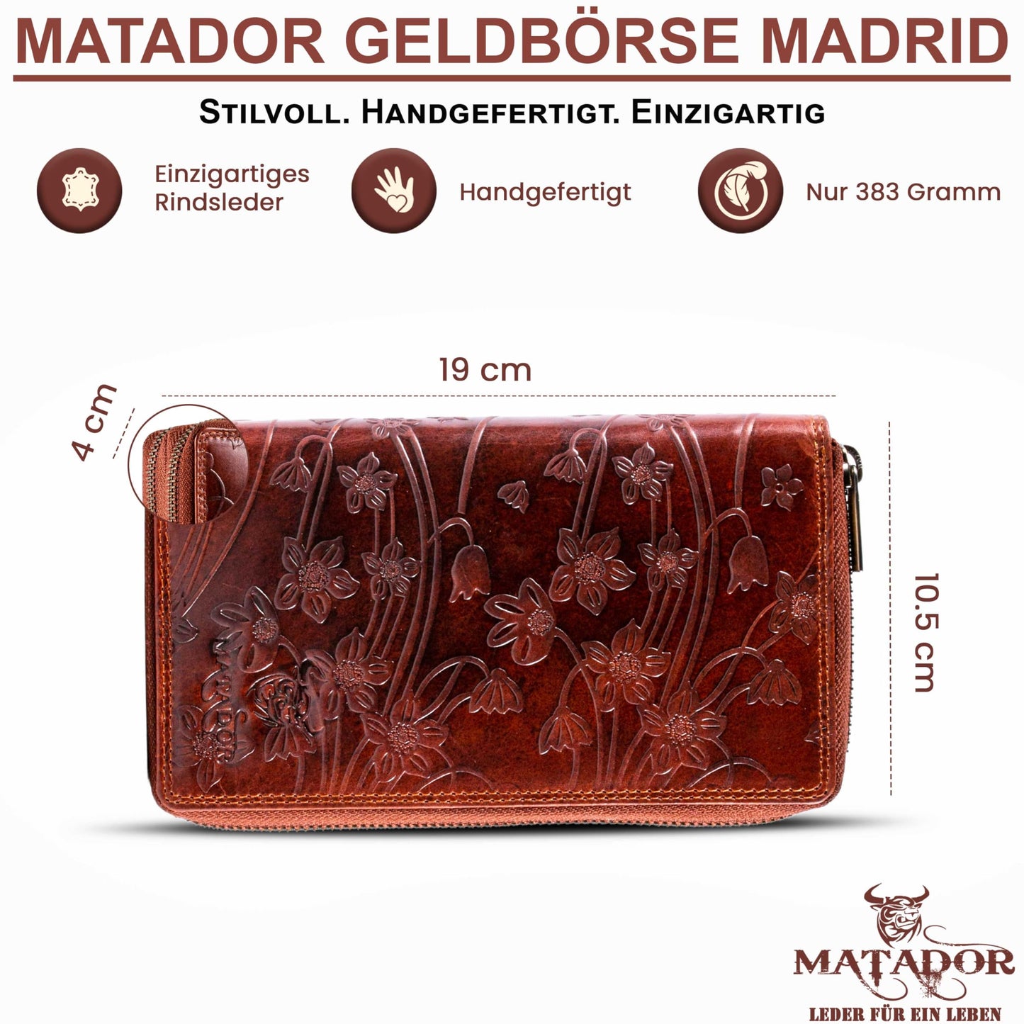 MATADOR Women's Large Leather Wallet #Madrid with elegant Gift Box, Stylish Women's Wallet Large with RFID Blocker, Luxury Women's Wallet with Many Card Slots in Floral Brown.