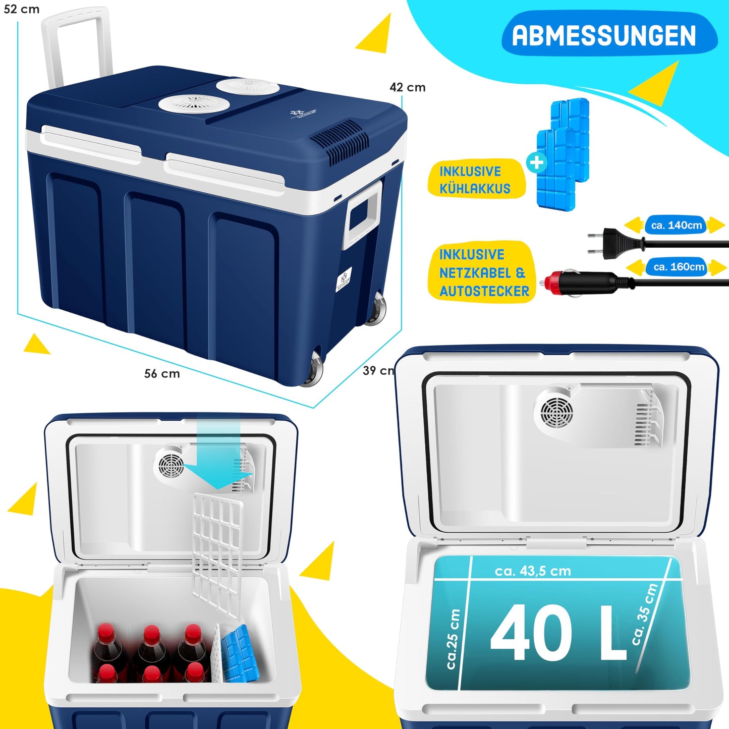 KESSER® 40L Cooler with Wheels | for heating and cooling | Thermo-Electric Cooler | Mini Fridge | 12 & 230V Thermo box for car, camping & socket ECO mode | incl. Cooling packs | Navy Blue