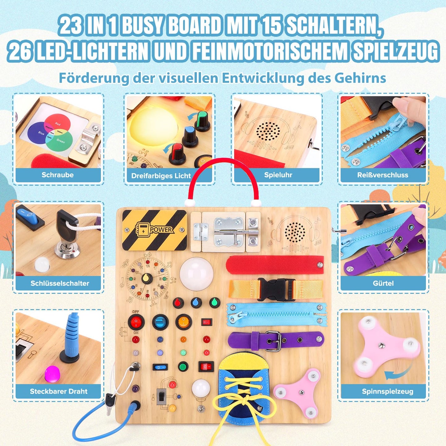 23 in 1 Busy Board Montessori toy from 1 year old Activity Board toy from 2 3 years old Wooden toy Sensory toy with 15 switches, 26 LED lights, music box, lock, zipper, shoelaces
