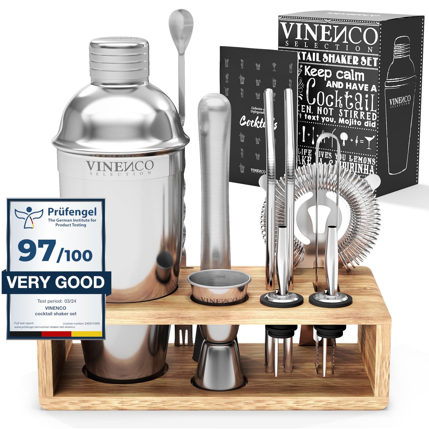 Cocktail shaker set with stand & recipe book: Premium stainless steel bar cocktail set cocktail shaker jigger straws bar spoon muddler | Bartender bar set cocktail accessories gift women men