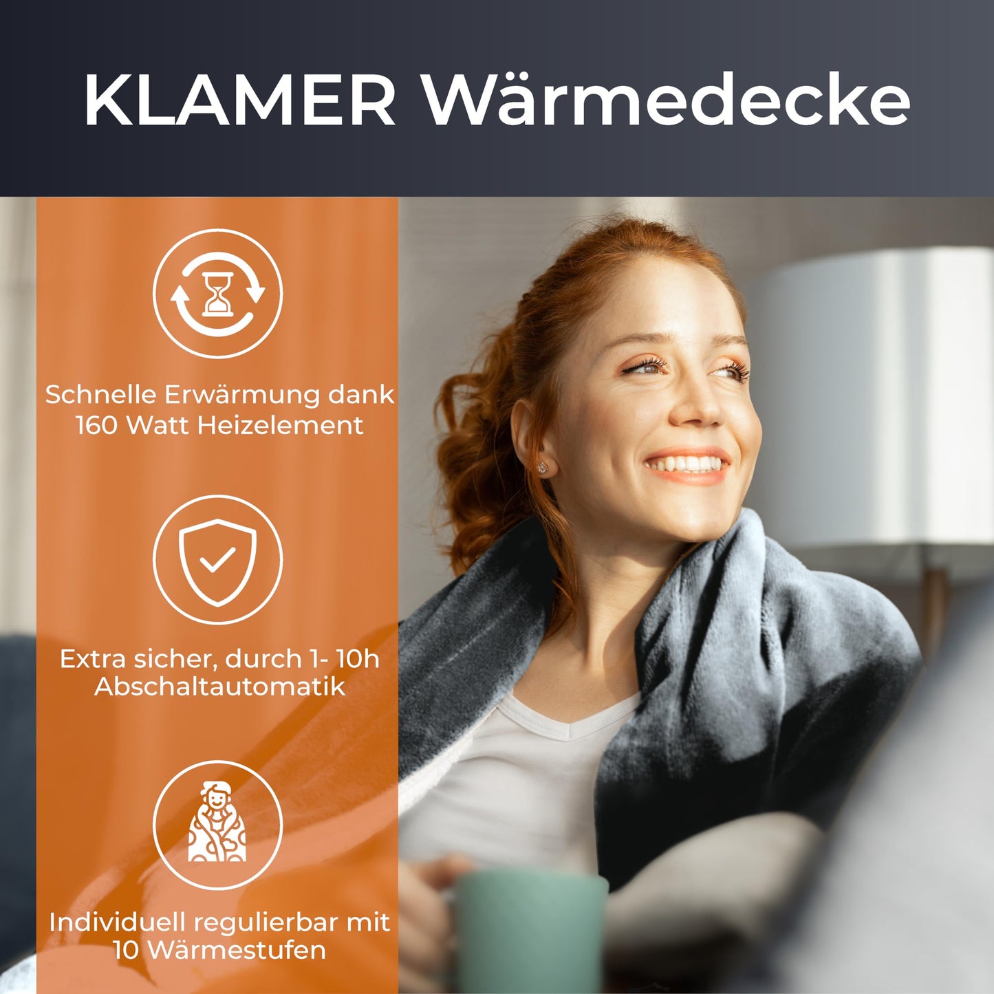 KLAMER electric heated blanket with automatic shut-off, 180x130 cm, washable, 10 temperature levels, suitable for bed, sofa, and office, dark grey.