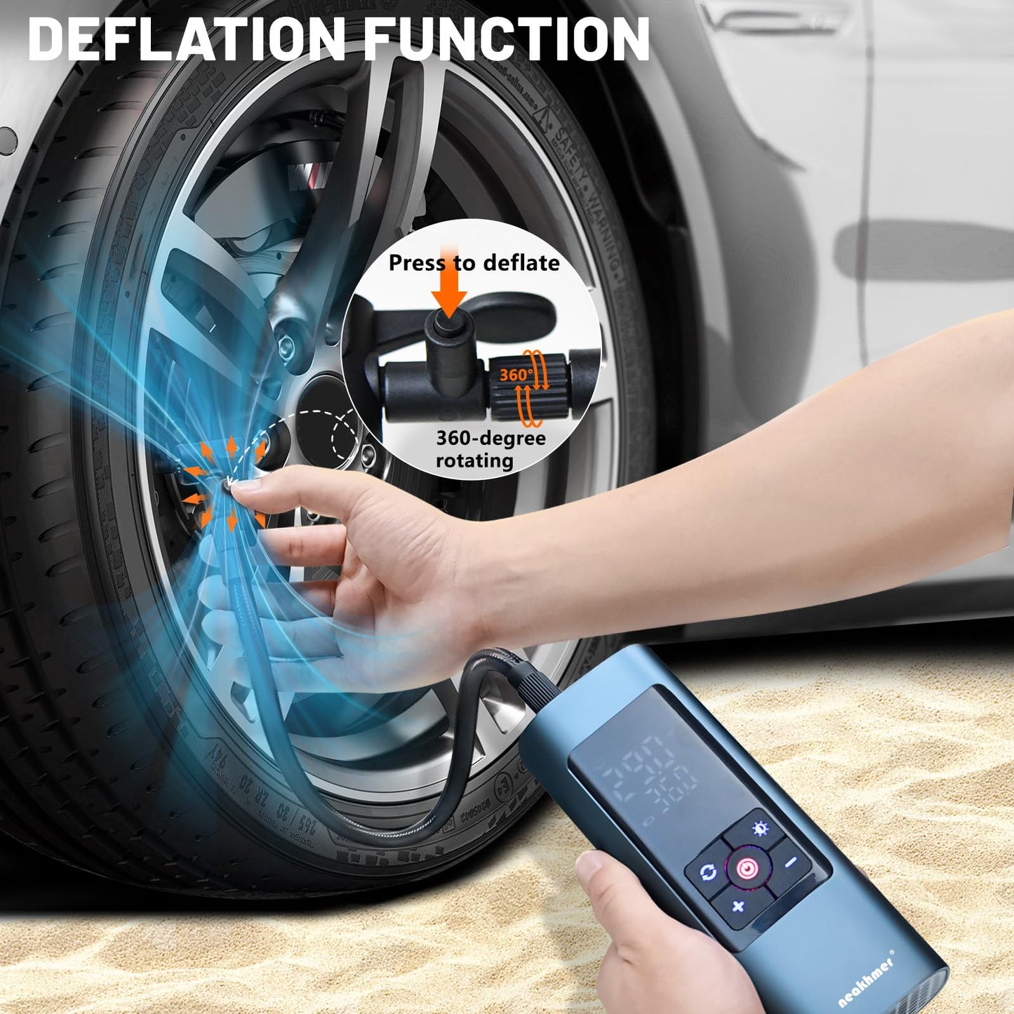 Neakhmer Mini Compressor Battery Air Pump: 150PSI electric air pump with deflate function - Portable pump for car motorcycle bicycle