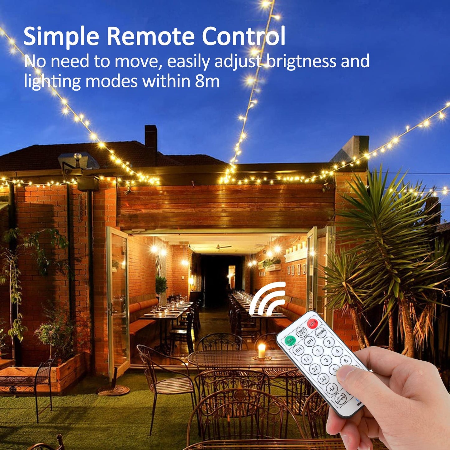 LED fairy string lights powered by electricity, 15M warm white ball string lights with plug for outdoor and indoor use, IP65 waterproof string lights with dimmable remote control, great for rooms, Christmas, parties, gardens.