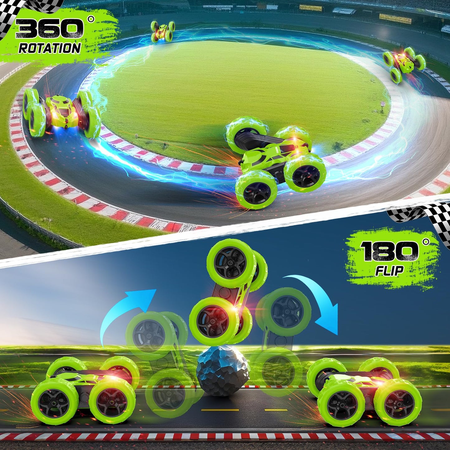Cosone Remote Control Cars, RC Cars Stunt Car, 2.4 GHz, remote control toy cars for boys, All-wheel off-road stunt car, double-sided, 360° rotating, gifts for kids ages 6 and up (Green)