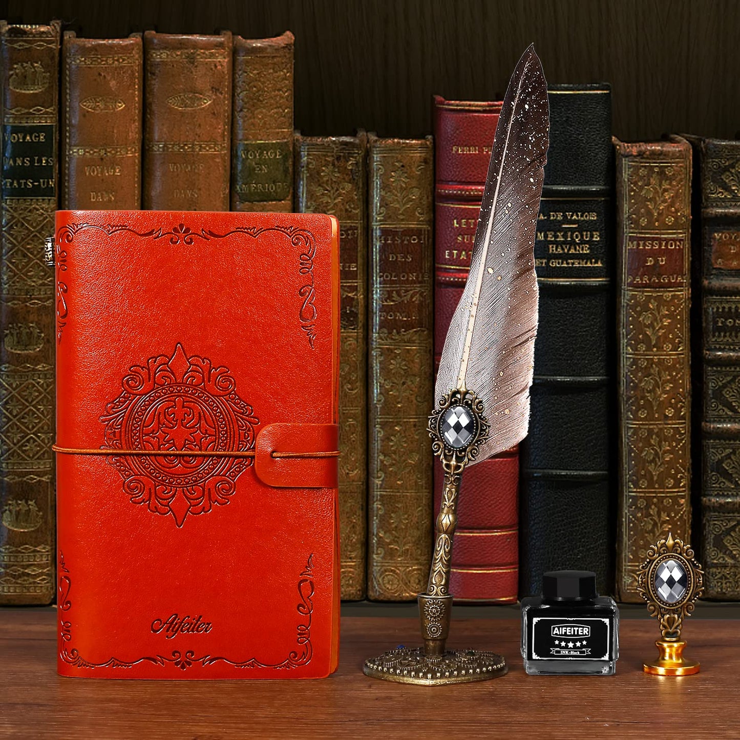 MPRINCE Feather Calligraphy Set - Quill Pen and Ink, Notebook, Wax Seal Stamp - Beautiful Gift Set in Gray.