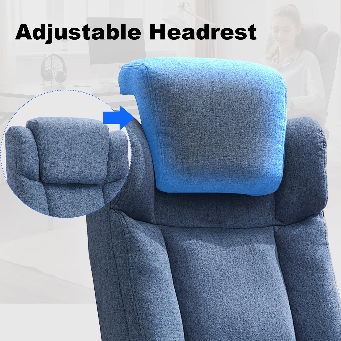 LIYURUI office chair with 150KG capacity, ergonomic design, adjustable headrest, fabric upholstery, swivel wheels, flip-up armrests, and 110° tilt function.