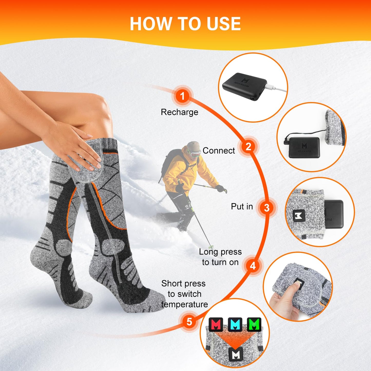 MRAWARM Heated Socks, 6000mAh Rechargeable Battery Electric Heated Socks for Men Women, 3 Heat Levels Winter Cotton Socks for Outdoor Sports.